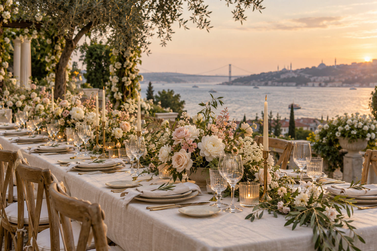 İstanbul sahil atmosferinde krem çiçekler ve mumlarla düğün masası ilhamı